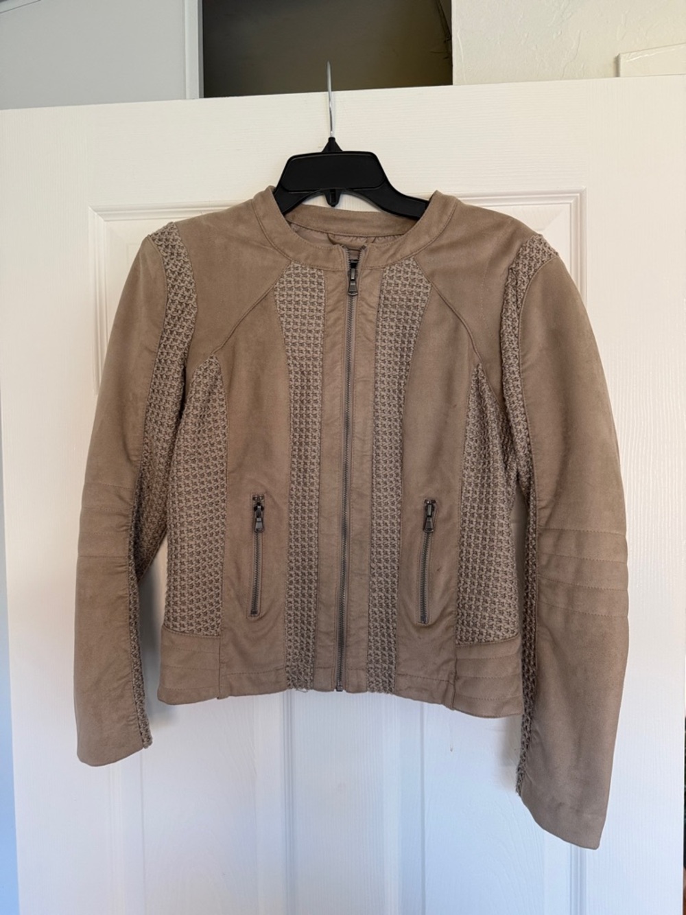 Taupe Zip-Front Women's Leather Jacket with Textured Panels